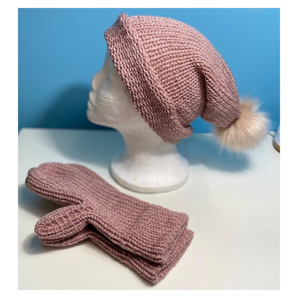 Hand Crafted Knit Slouchy Hat with Fur Pompom and Knit Mittens Set Adult size